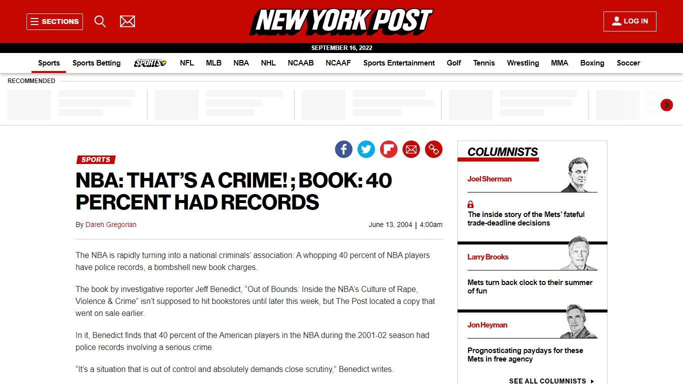 NBA: THAT’S A CRIME! ; BOOK: 40 PERCENT HAD RECORDS - New York Post